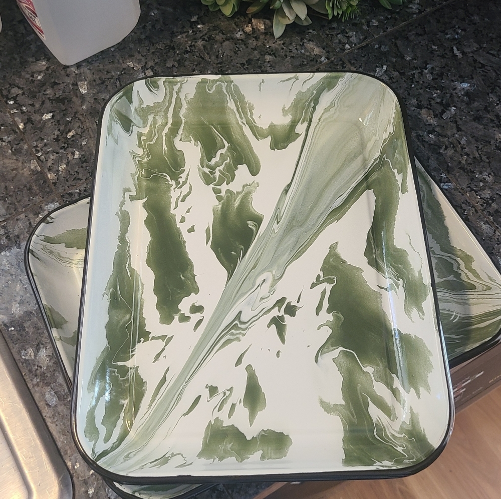Green and White Swirl Enamel Tray